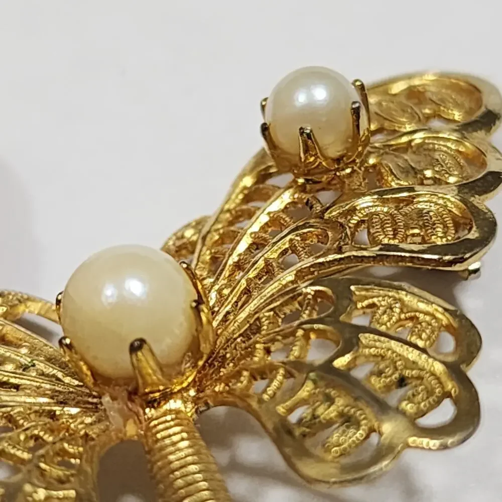 Butterfly Brooch Pin Faux Pearls Openwork Filigree Wings Gold Tone Vintage 1990s